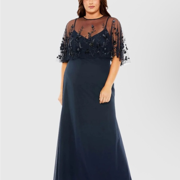 Mac Duggal Navy Dress With Embellished Cape - Picture 1 of 3